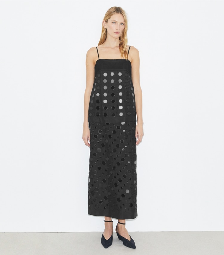 Tory Burch designer dresses Layered Hand-Done Mirrorwork Dress in Black on model front