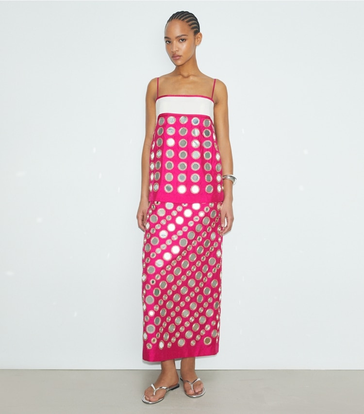 Tory Burch designer dresses Layered Hand-Done Mirrorwork Dress in Bold Pink on model front