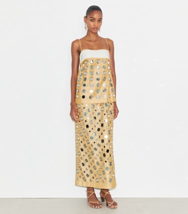 Tory Burch designer dresses Layered Hand-Done Mirrorwork Dress in Soft Wheat on model front