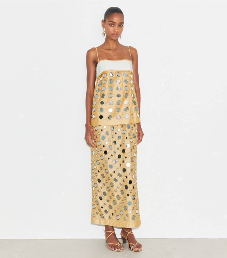 Tory Burch designer dresses Layered Hand-Done Mirrorwork Dress in Soft Wheat on model front