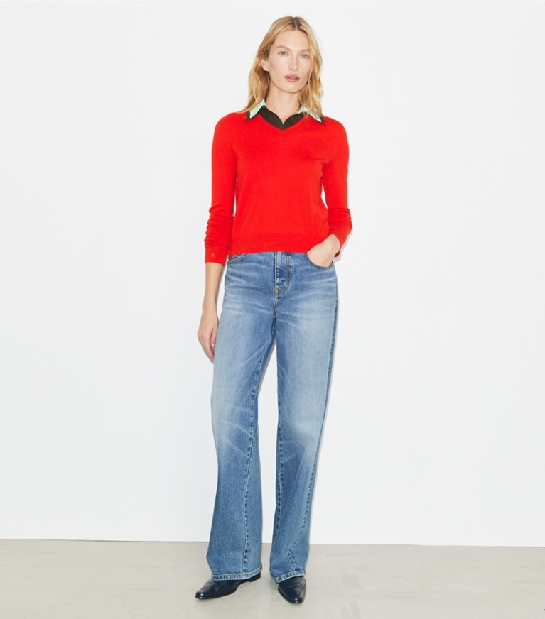 Tory Burch designer sweaters Layered Merino Wool Sweater in Fiery Red/ Frozen Blue front