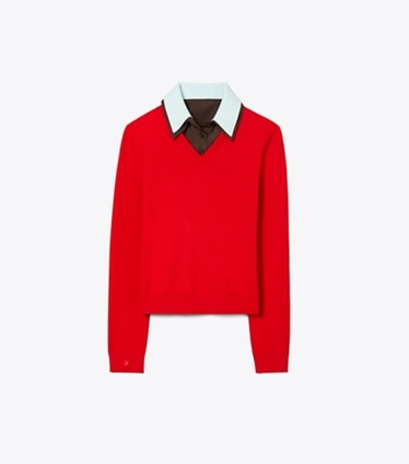 Tory Burch designer sweaters Layered Merino Wool Sweater in Fiery Red/ Frozen Blue front