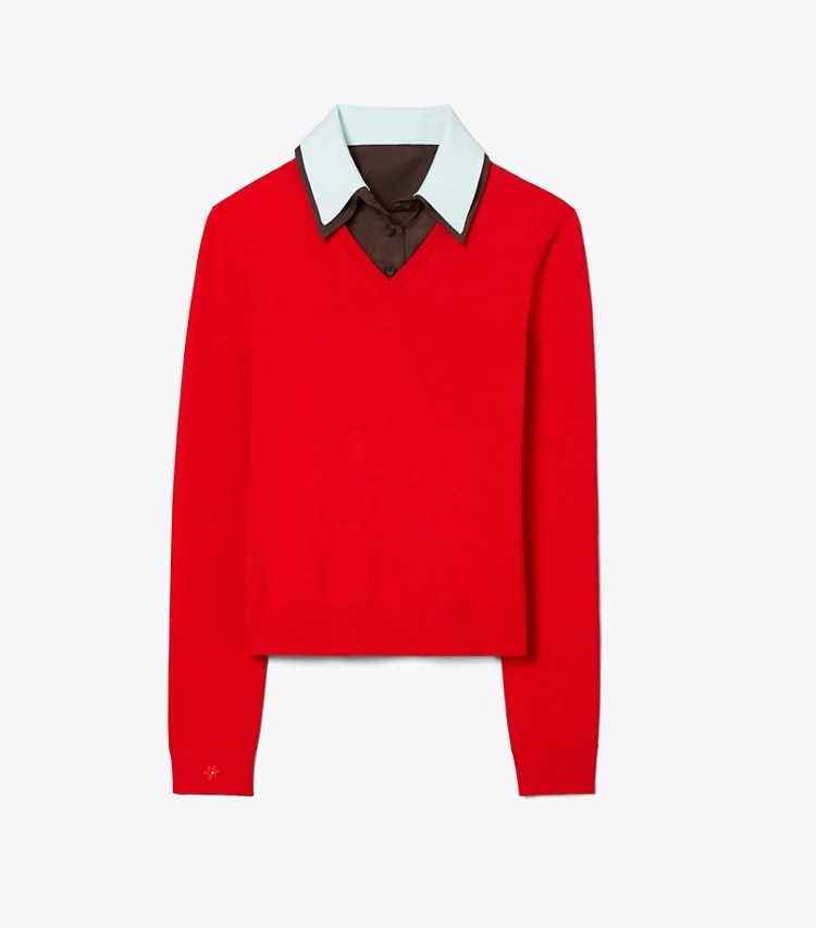 Tory Burch designer sweaters Layered Merino Wool Sweater in Fiery Red/ Frozen Blue front