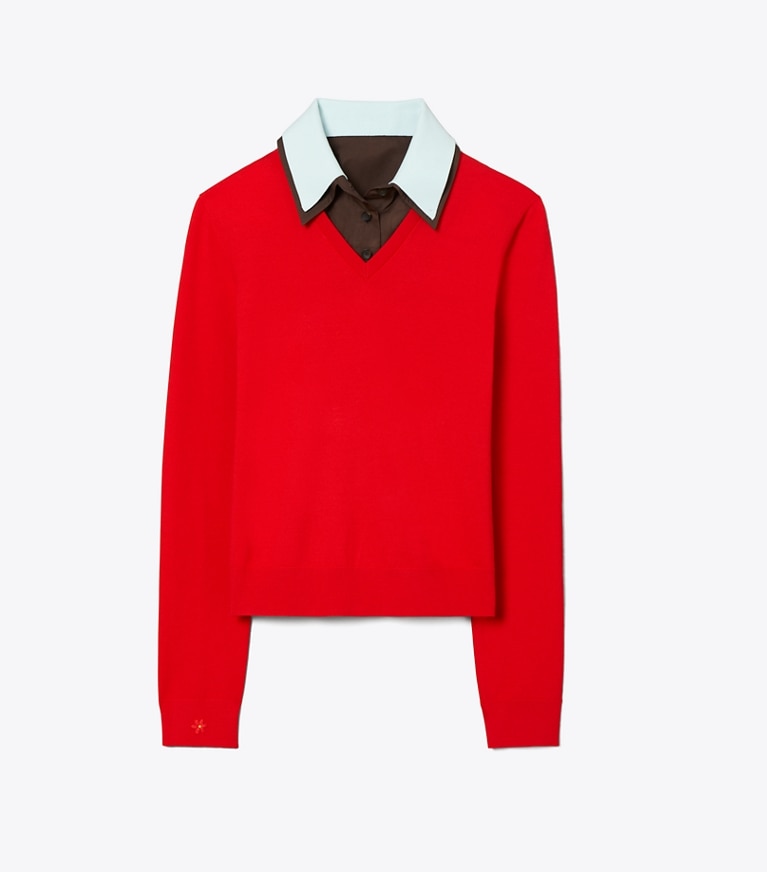Tory Burch designer sweaters Layered Merino Wool Sweater in Fiery Red/ Frozen Blue front