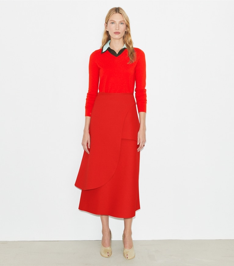 Tory Burch designer sweaters Layered Merino Wool Sweater in Fiery Red/ Frozen Blue front