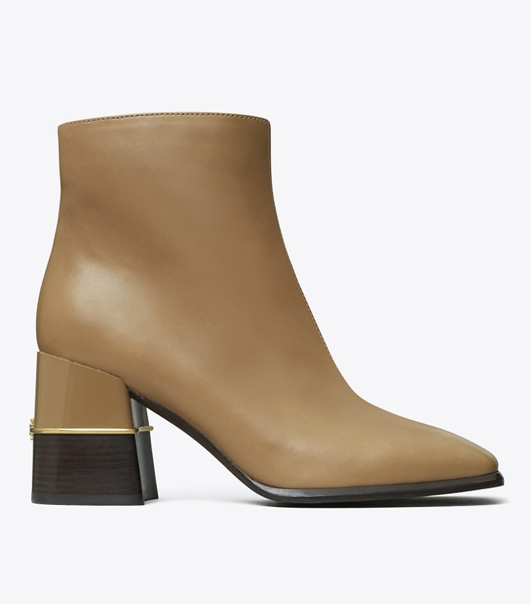 Tory Burch designer ankle boots Leather Ankle Boot in ALMOND FLOUR angle