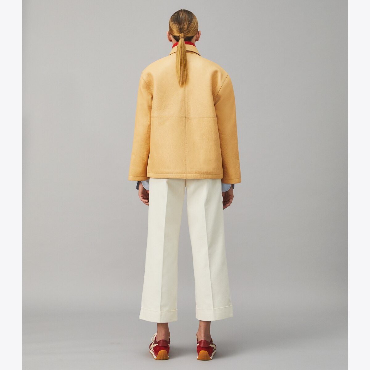 302　Tory Burch　羊革　チェーン　ノーカラー　レザージャケット 302 Tory Burch 羊革 チェーン ノーカラー レザージャケット