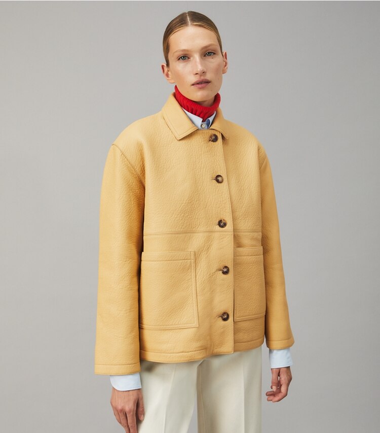 Tory Burch designer jackets Leather Barn Jacket in Peanut Shell on model detail