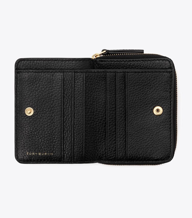 Tory Burch designer 財布 レザー バイフォールド ウォレット in Black オーバーヘッド