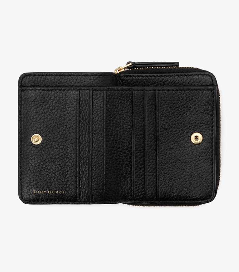Tory Burch designer 財布 レザー バイフォールド ウォレット in Black angle