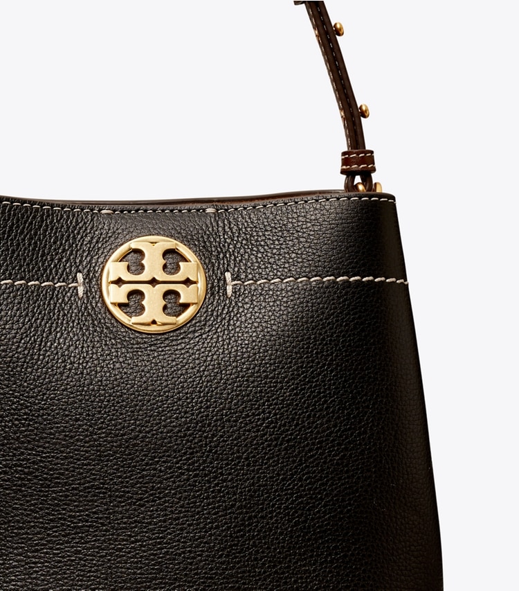 Tory Burch designer satchels Leather Bucket Bag in Black detail