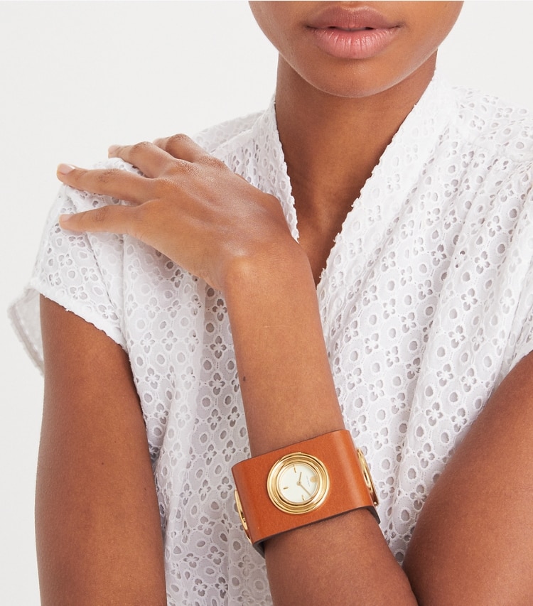 Tory Burch designer strap watches Leather Cuff Watch, Gold-Tone Stainless Steel in IVORY/CUOIO accessory on model