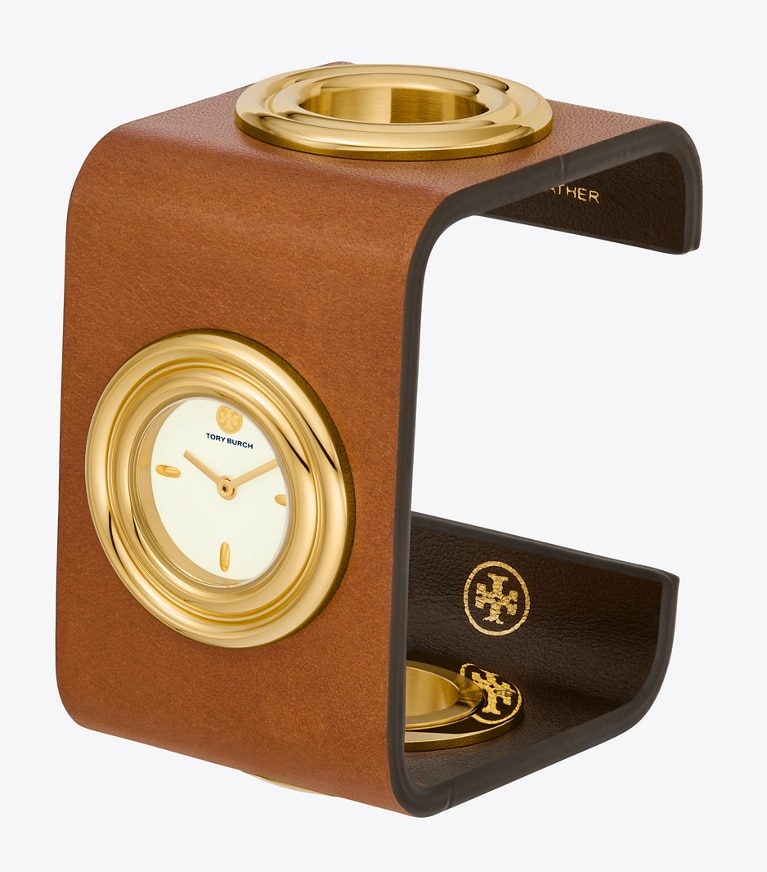 Tory Burch designer strap watches Leather Cuff Watch, Gold-Tone Stainless Steel in IVORY/CUOIO front