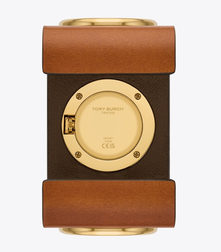 Tory Burch designer strap watches Leather Cuff Watch, Gold-Tone Stainless Steel in IVORY/CUOIO back