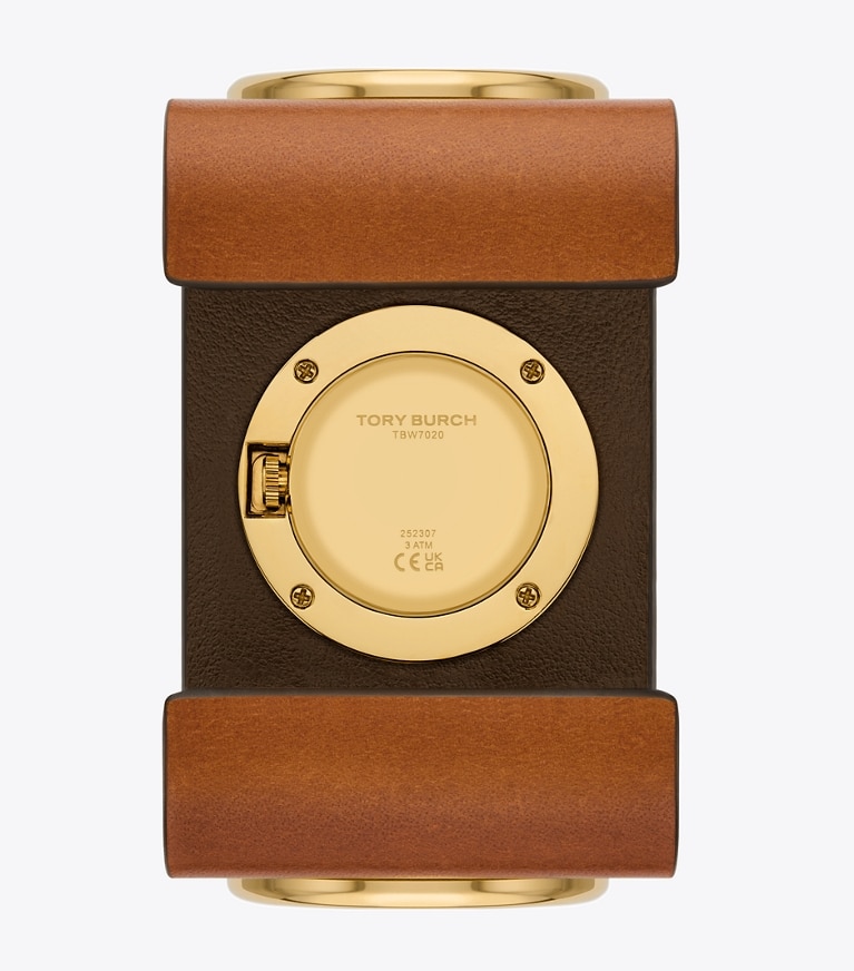 Tory Burch designer strap watches Leather Cuff Watch, Gold-Tone Stainless Steel in IVORY/CUOIO front
