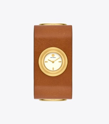 Tory Burch Miller Logo Studded Brown Leather Strap For Apple Watch