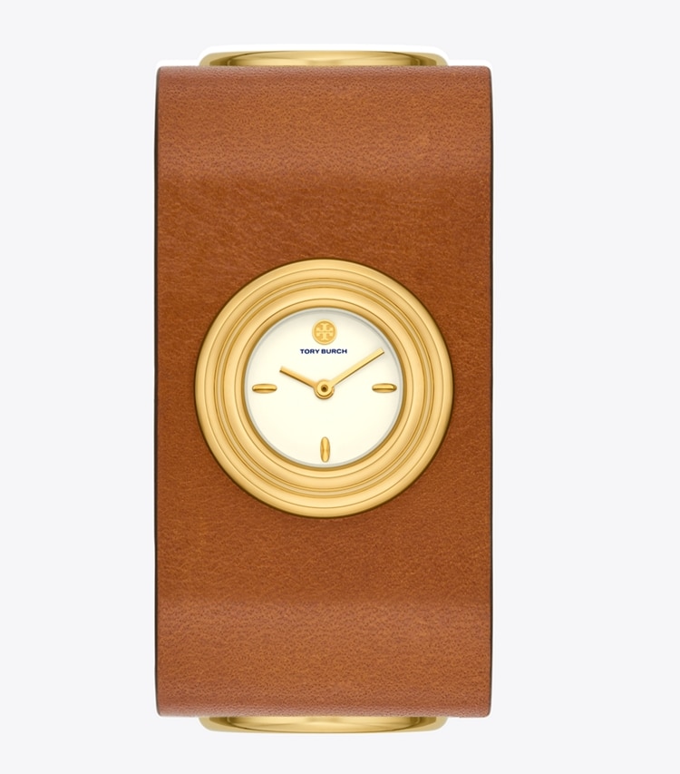 Tory Burch designer strap watches Leather Cuff Watch, Gold-Tone Stainless Steel in IVORY/CUOIO front