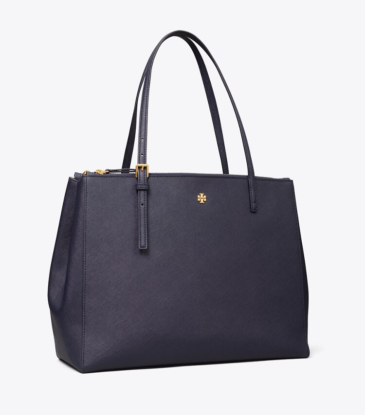 Tory Burch designer tote bags Leather Double Zip Tote in Tory Navy angle