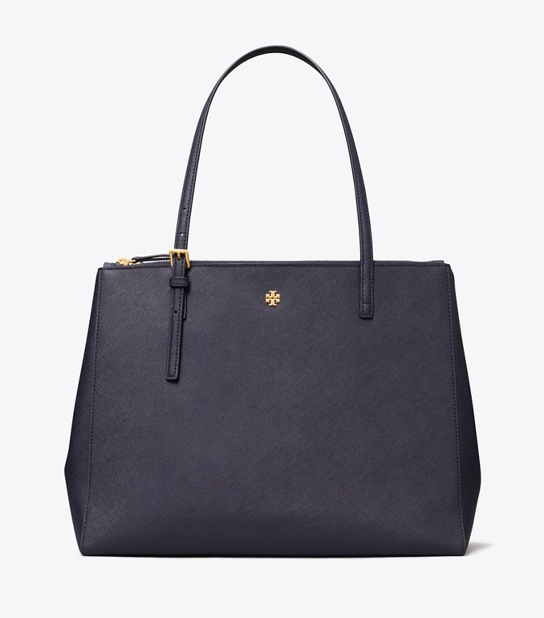 Tory Burch designer tote bags Leather Double Zip Tote in Tory Navy angle