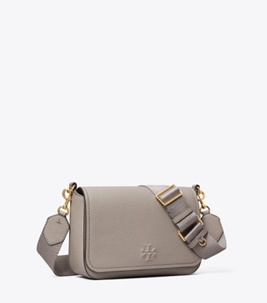 Tory Burch designer crossbody bags Leather Flap Crossbody in Gray Heron angle