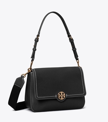 Tory Burch diseñador bolsos de hombro Leather Flap Shoulder Bag en Black ángulo