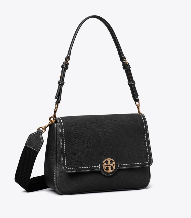 Tory Burch designer shoulder bags Leather Flap Shoulder Bag in Black angle