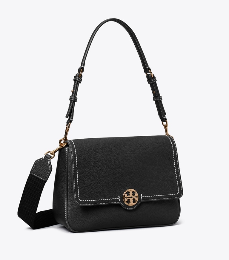 Tory Burch designer shoulder bags Leather Flap Shoulder Bag in Black angle