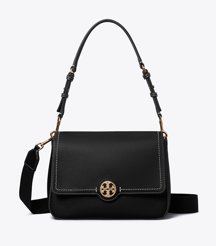 Tory Burch designer shoulder bags Leather Flap Shoulder Bag in Black front