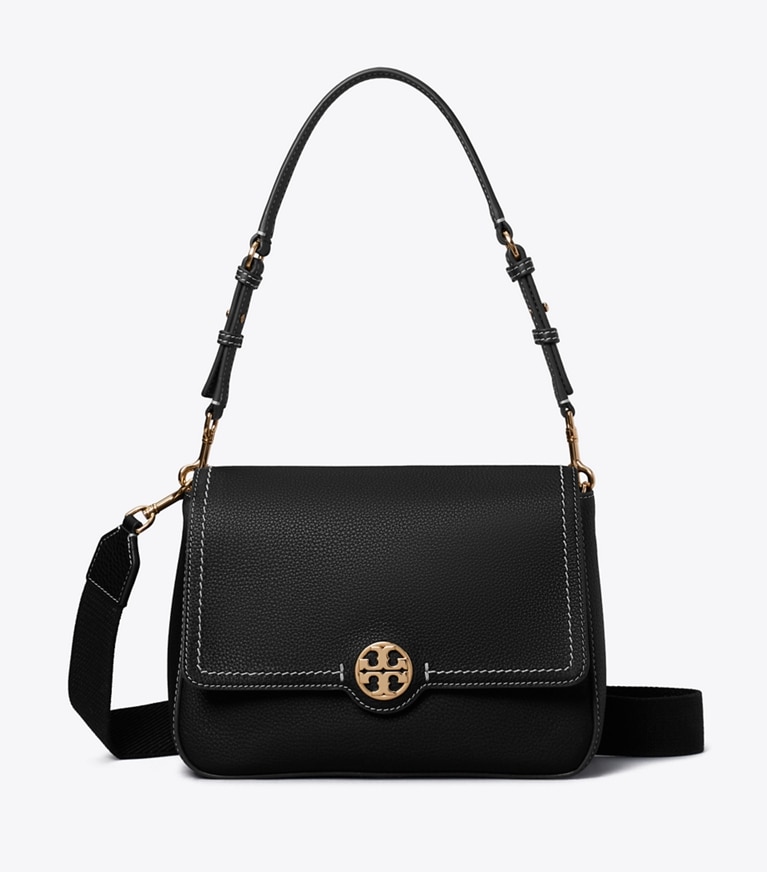 Tory Burch designer shoulder bags Leather Flap Shoulder Bag in Black front