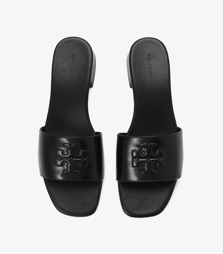 Tory Burch designer サンダル レザー ヒールサンダル in Perfect Black / Perfect Black オーバーヘッド