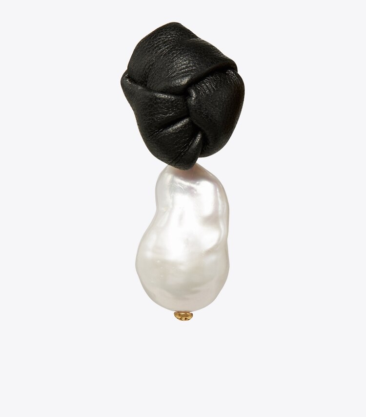 Tory Burch designer bracelets Leather Knot Pearl Drop Earring in Tory Gold / Ivory Pearl / Black / Cuoio detail