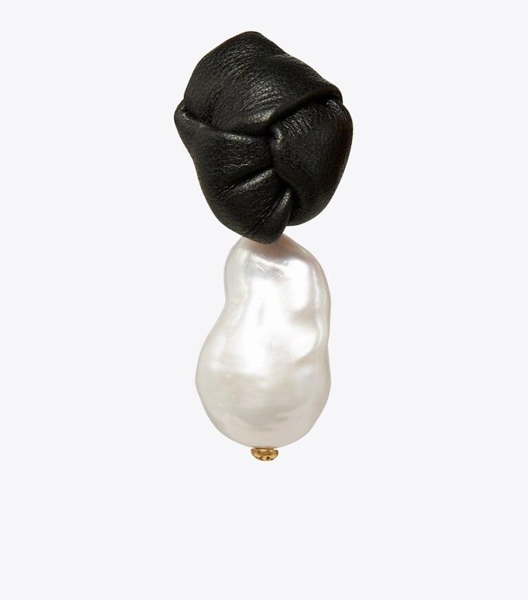 Tory Burch designer bracelets Leather Knot Pearl Drop Earring in Tory Gold / Ivory Pearl / Black / Cuoio front