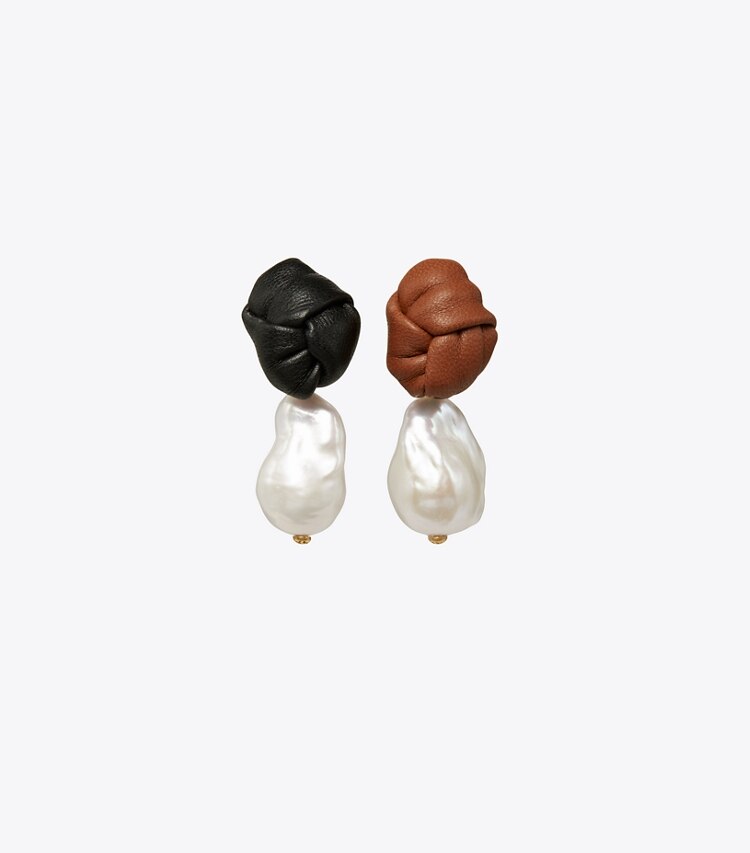 Tory Burch designer bracelets Leather Knot Pearl Drop Earring in Tory Gold / Ivory Pearl / Black / Cuoio front