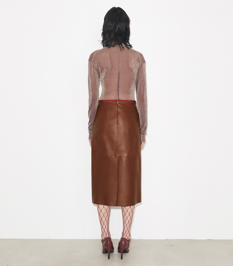 Tory Burch designer bottoms Leather Pencil Skirt in Rich Mahogany on model back