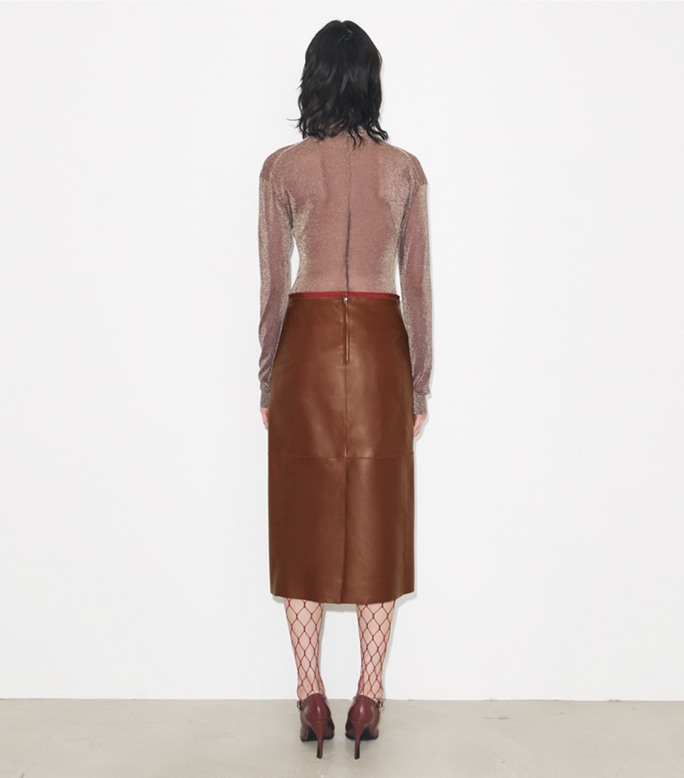 Tory Burch designer bottoms Leather Pencil Skirt in Rich Mahogany on model back