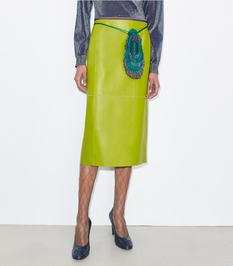 Tory Burch designer bottoms Leather Pencil Skirt in Leaf Green front