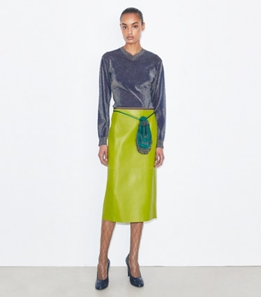 Tory Burch designer bottoms Leather Pencil Skirt in Leaf Green on model front