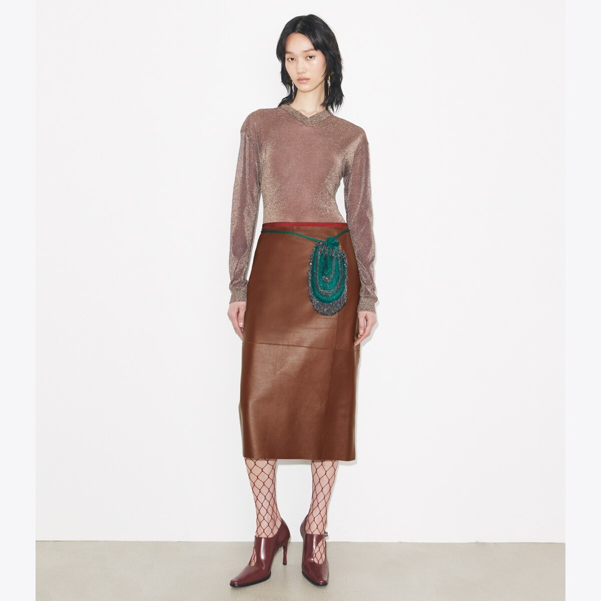 Tory Burch Black Quilted Leather Pencil Skirt with Gold Chain Detail Compression Pencil Skirt: Women main image 2