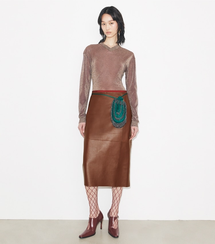 Tory Burch designer bottoms Leather Pencil Skirt in Rich Mahogany on model front