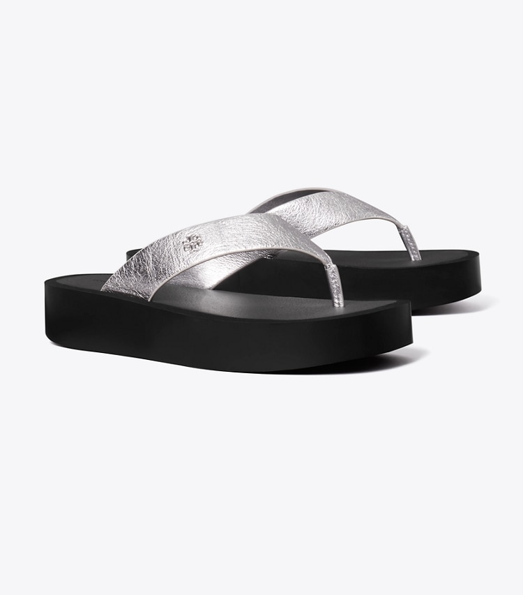 Tory Burch designer sandals Leather Platform Flip Flop in SILVER / PERFECT BLACK / SILVER angle