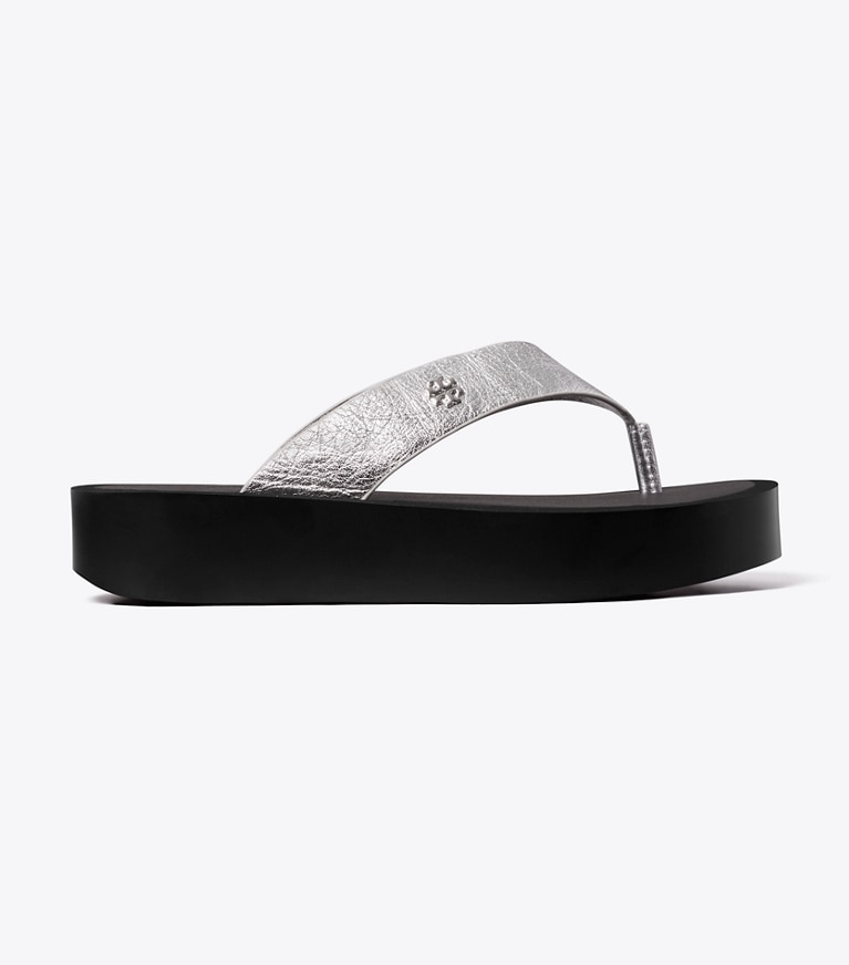 Tory Burch designer sandals Leather Platform Flip Flop in SILVER / PERFECT BLACK / SILVER side