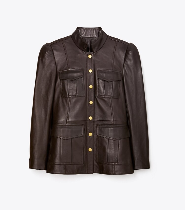 Tory Burch designer jackets Leather Sargent Pepper Jacket in Deep Chocolate Leather front