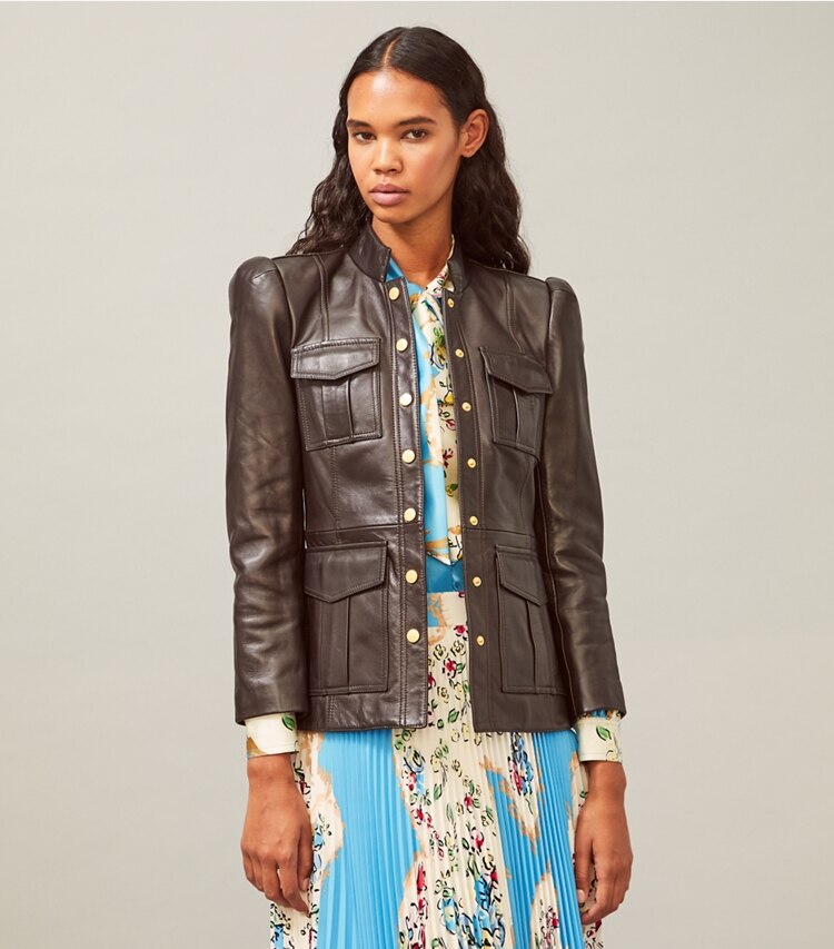 Tory Burch designer jackets Leather Sargent Pepper Jacket in Deep Chocolate Leather on model detail