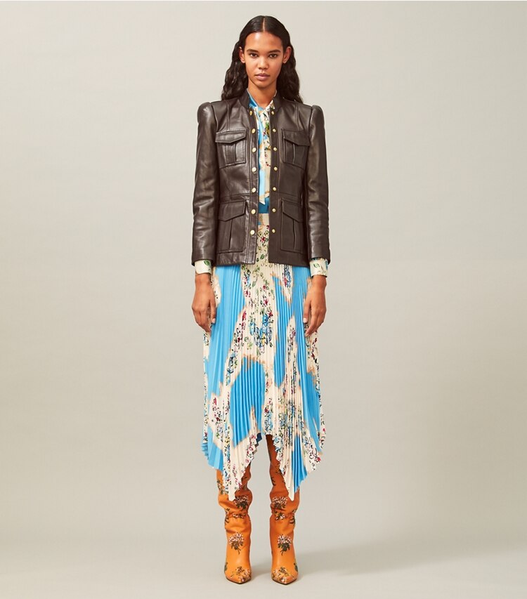 Tory Burch designer jackets Leather Sargent Pepper Jacket in Deep Chocolate Leather on model front