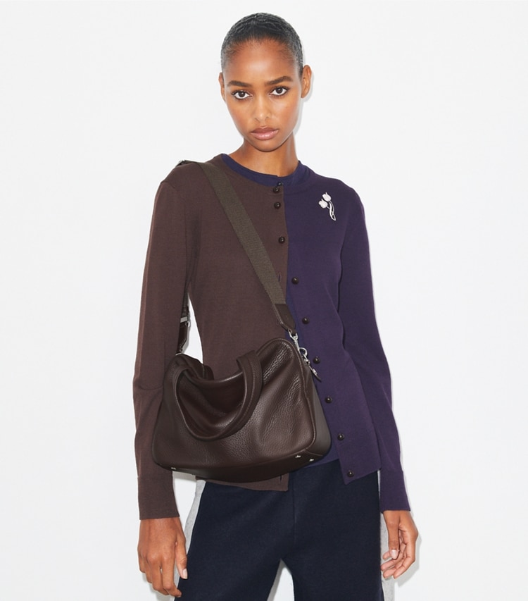 Tory Burch designer satchels Leather Satchel in Cocoa accessory on model