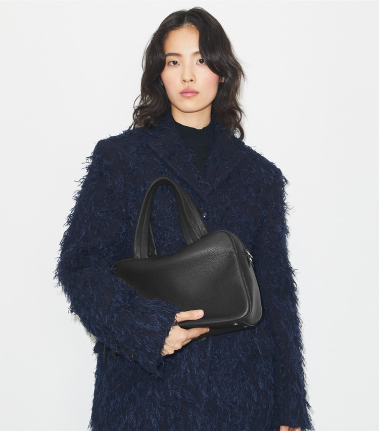 Tory Burch designer satchels Leather Satchel in Black additional on model