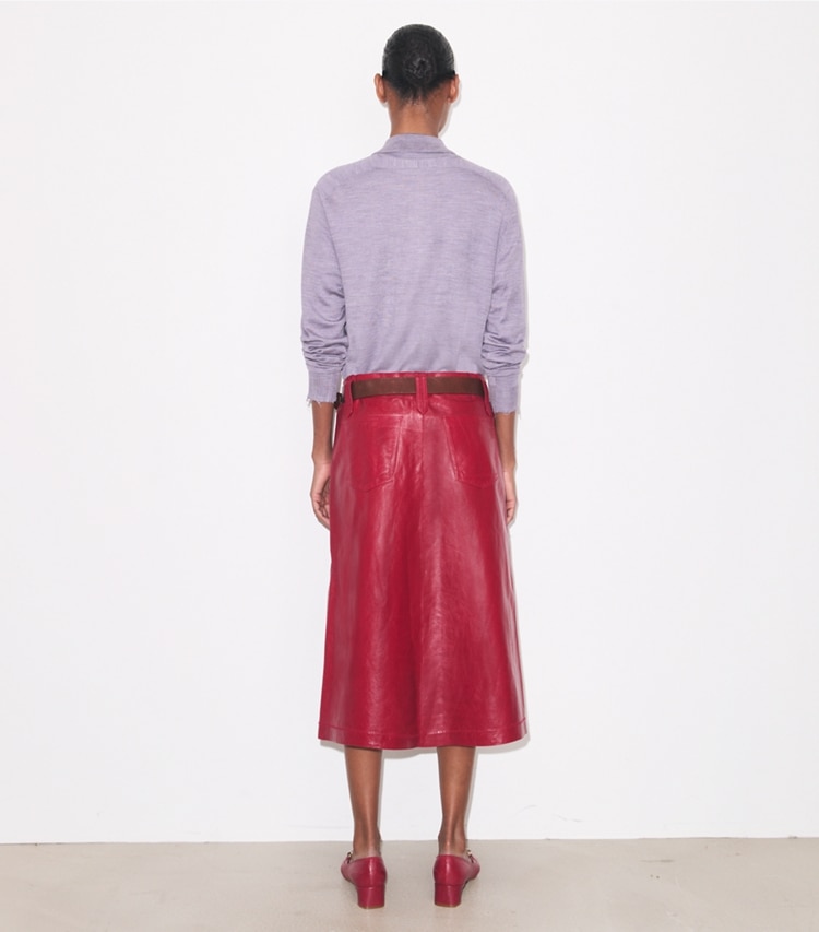 Tory Burch designer bottoms Leather Skirt in Rouge on model back