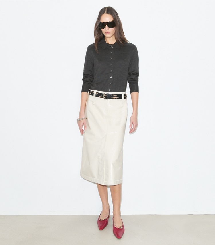 Tory Burch designer bottoms Leather Skirt in Cream on model front
