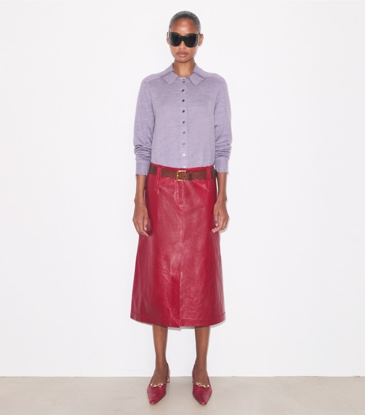 Tory Burch designer bottoms Leather Skirt in Rouge on model front