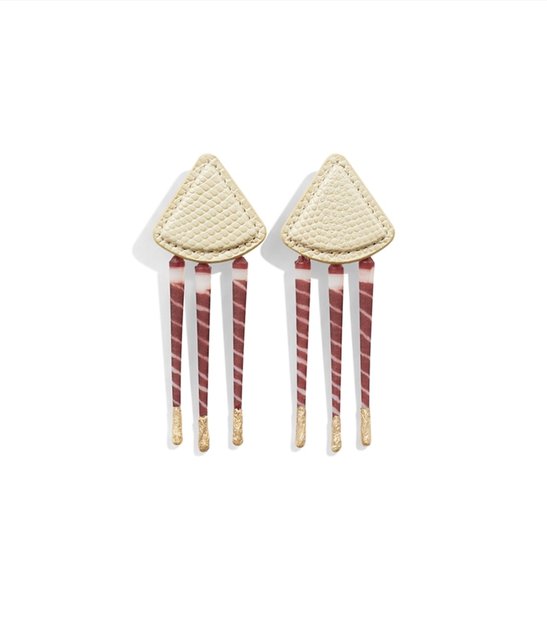 Tory Burch designer earrings Leather Tiger Earrings in Aged Brass / Sand additional